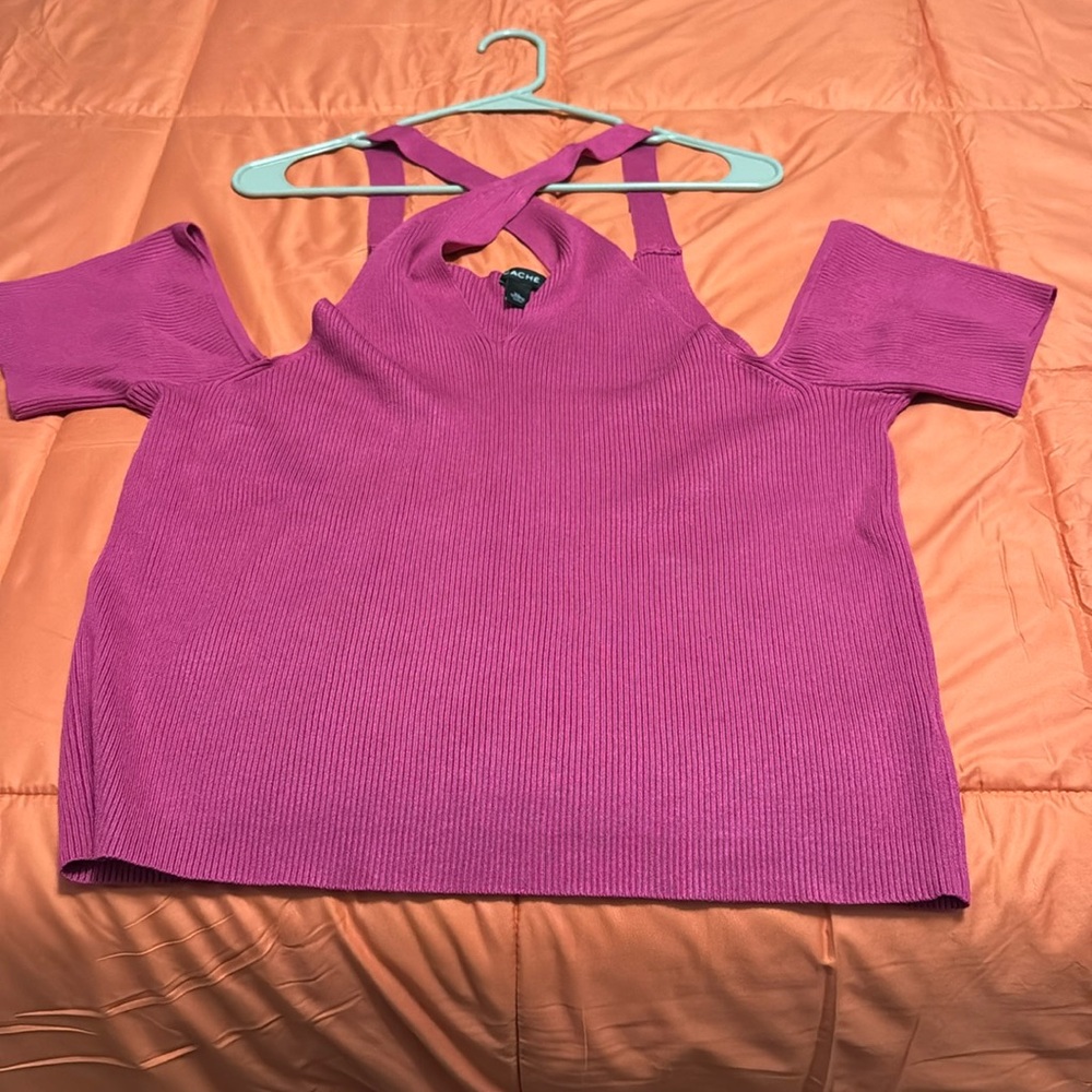 Fuchsia colored open shoulder shirt